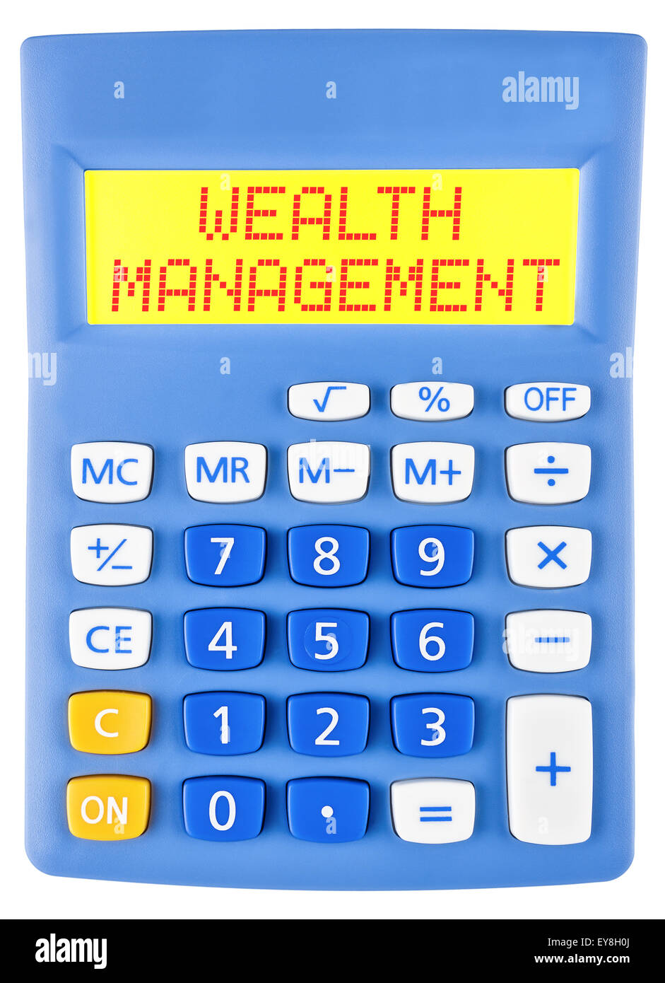 Calculator with WEALTH MANAGEMENT on display isolated on white background Stock Photo