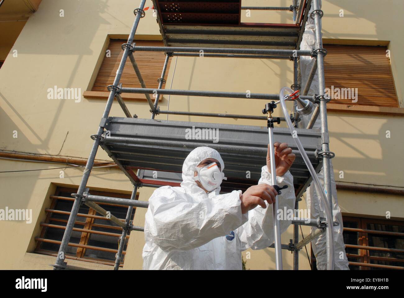 Casale Monferrato (Italy) removal of asbestos dust used as insulating material in the ceiling of a palace Stock Photo