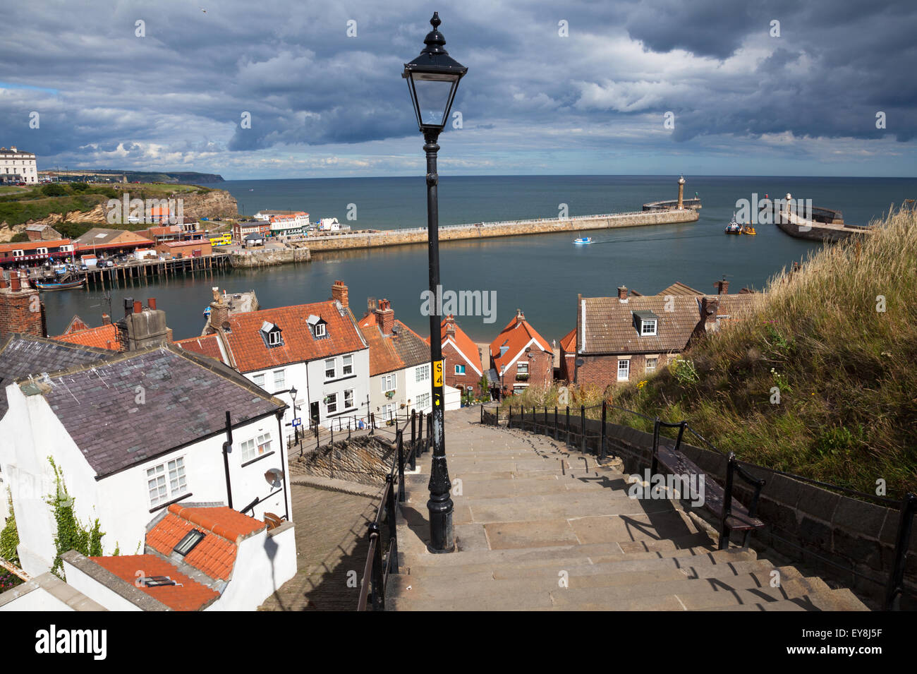 The famous 199 steps linking the Harbour to St Mary's Church and Whitby Abbey in Whitby, North Yorkshire, England, U.K. Stock Photo