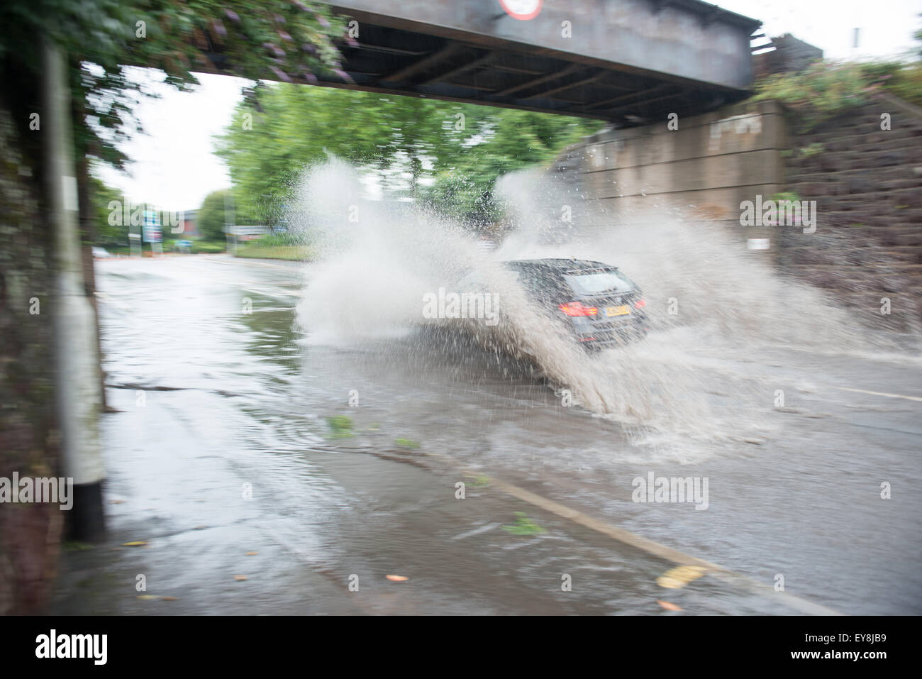 Exeter, UK. 24th July, 2015. Weather: Flash Flooding in Exeter causes large tailbacks around the city as people ignore the road closed signs. Torrential rain all day. Credit:  Thomas Owen-Heywood/Alamy Live News Stock Photo