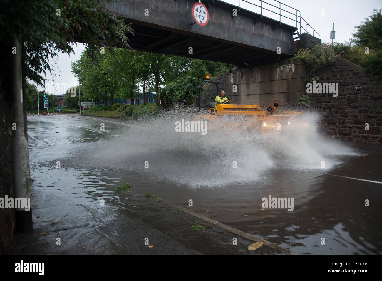 Exeter, UK. 24th July, 2015. Weather: Flash Flooding in Exeter causes large tailbacks around the city as people ignore the road closed signs. Torrential rain all day. Credit:  Thomas Owen-Heywood/Alamy Live News Stock Photo