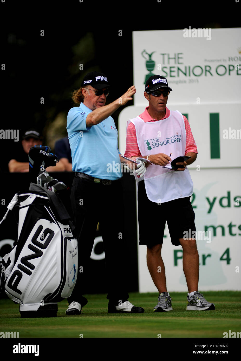 Sunningdale, UK. 23rd July, 2015. Miguel Angel Jimenez of Spain consulting  with his caddy on the 11th hole on his way to an opening 65 (-5) in the  first round of The