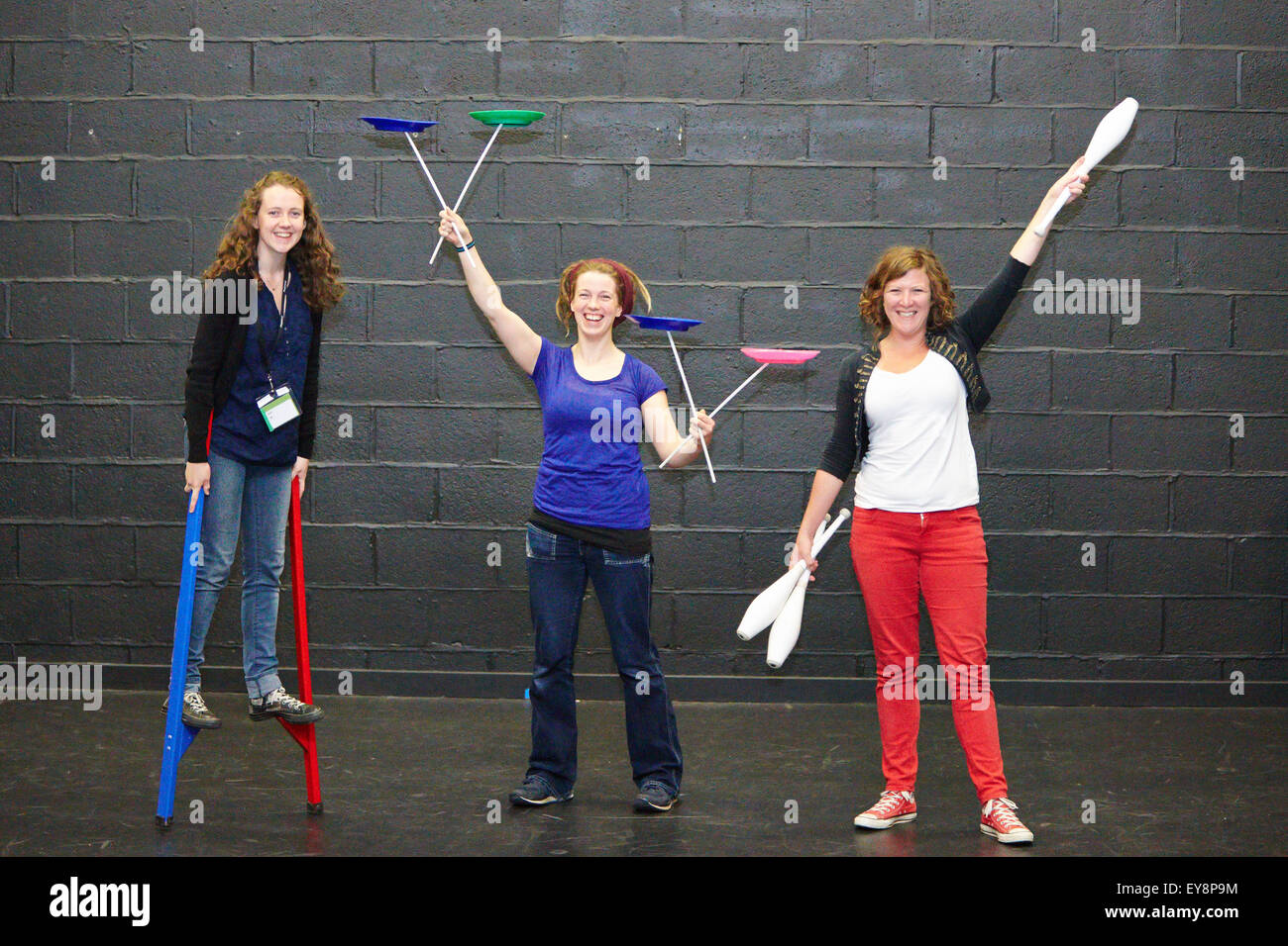 Performers give a demonstration at a circus skills workshop at Pegasus Theatre in Oxford Stock Photo