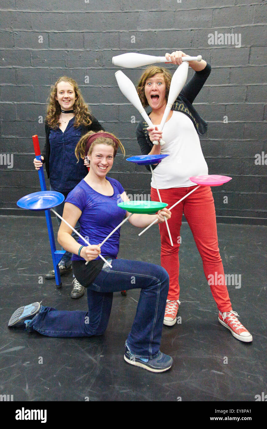 Performers give a demonstration at a circus skills workshop at Pegasus Theatre in Oxford. Stock Photo