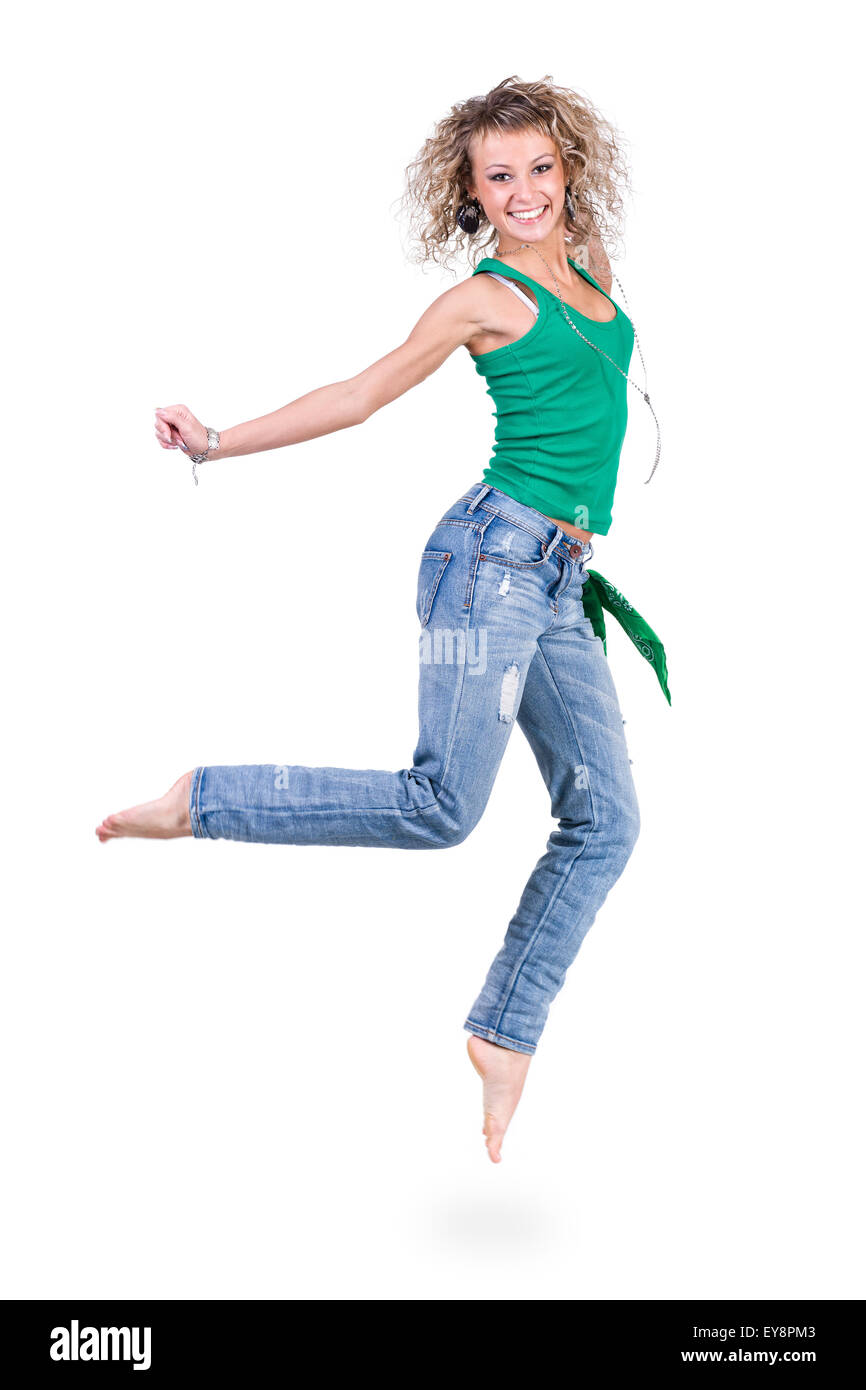 young dancer woman jumping against white background Stock Photo - Alamy
