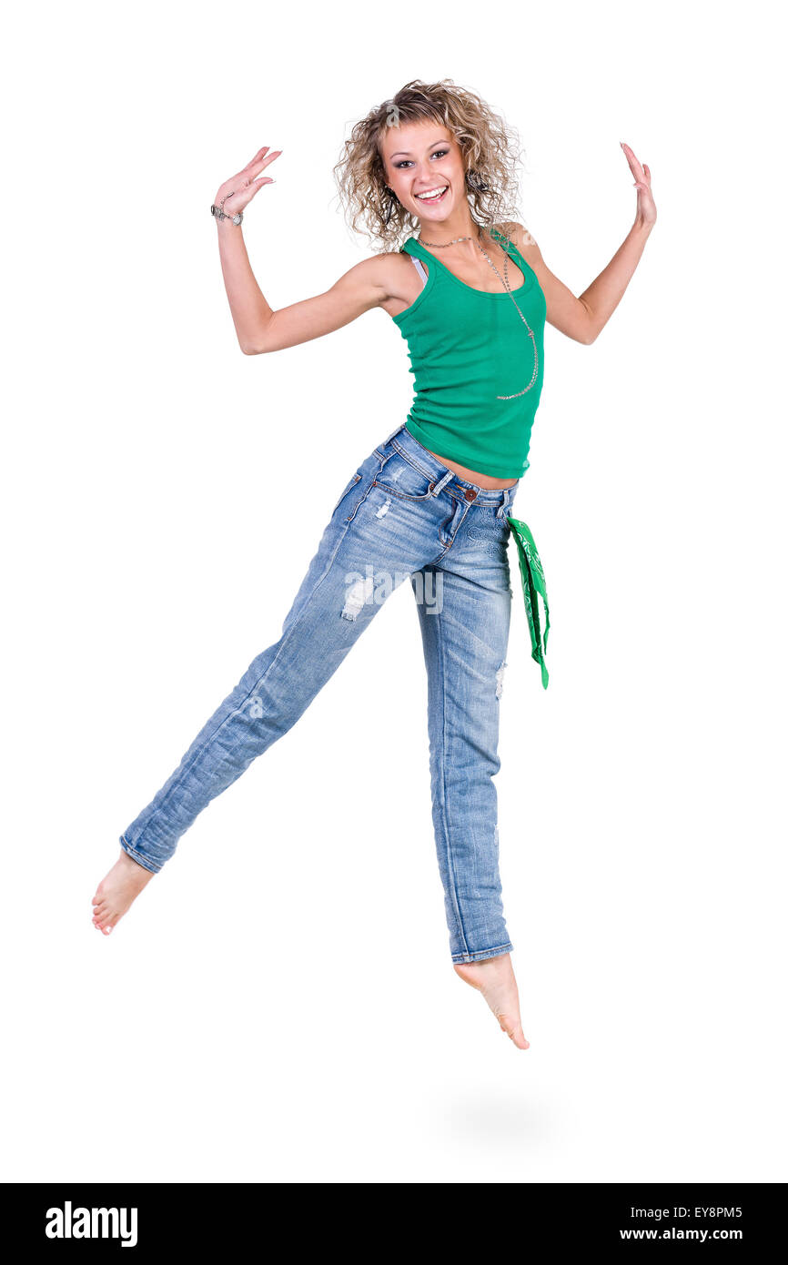 young dancer woman jumping against white background Stock Photo - Alamy