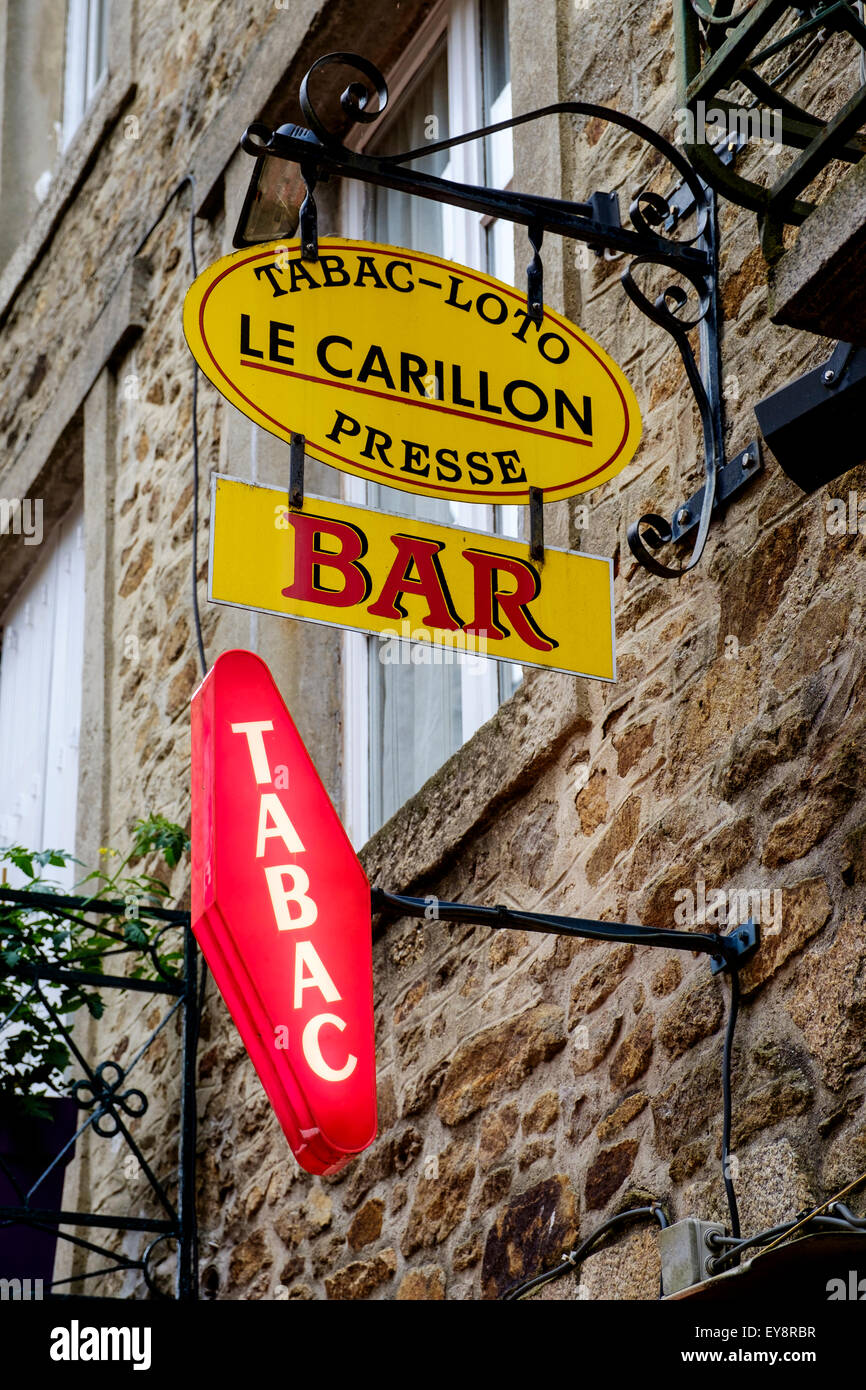 Bar signs in Dinan, Brittany, France Stock Photo