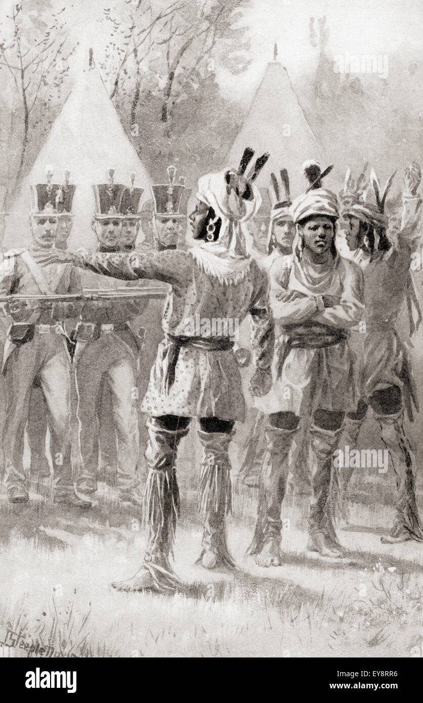 The capture of Osceola.  Osceola, 1804 –1838, born as Billy Powel.  Leader of a small band of warriors in the Seminole resistance during the Second Seminole War,  he led the war resistance until he was captured in September 1837 by deception, under a flag of truce, when he went to a US fort for peace talks. published 1905. Stock Photo
