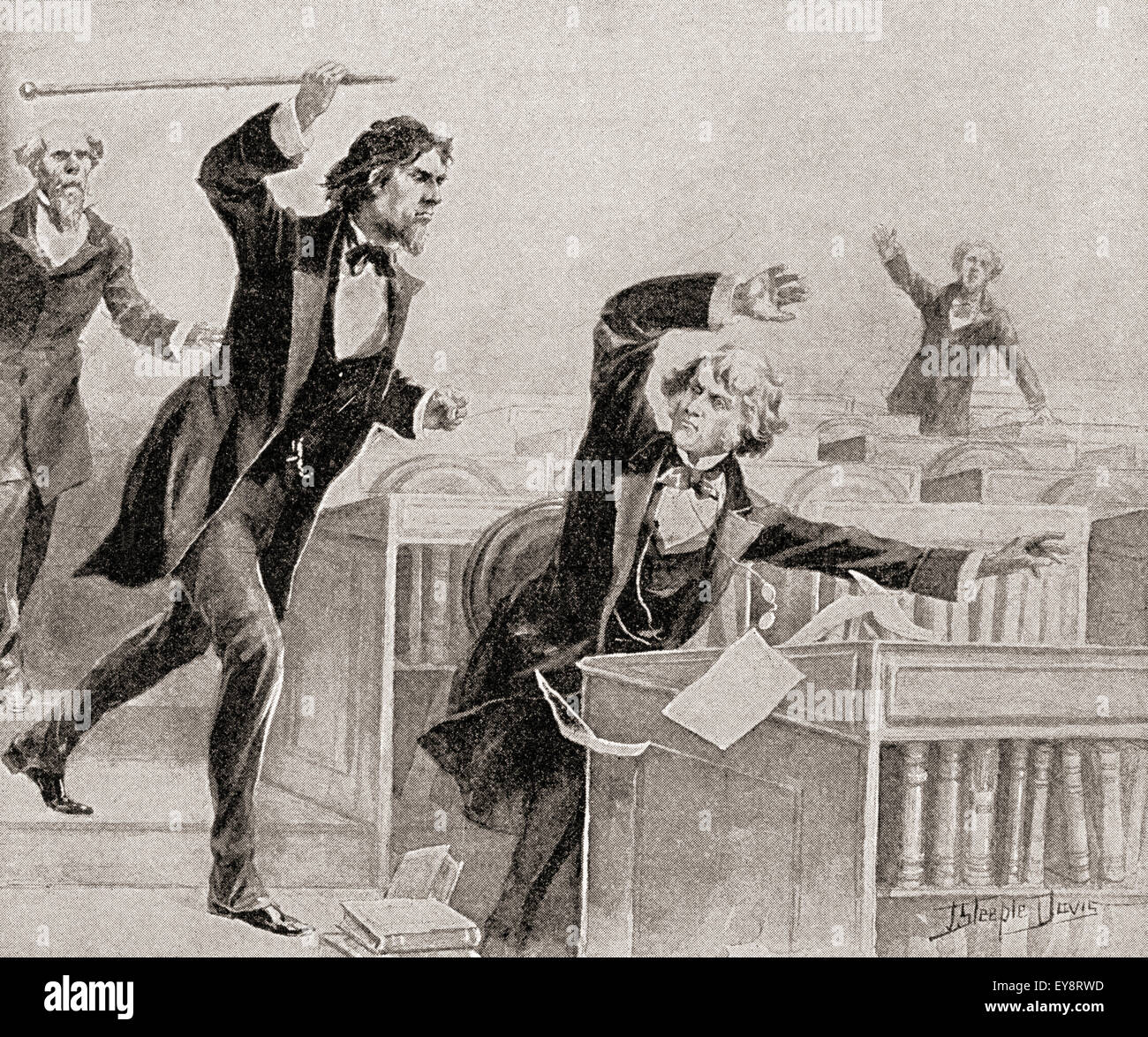 Preston Smith Brooks, a fervent advocate of slavery, assaulting  Senator Charles Sumner,  an abolitionist, with a cane on the floor of the United States Senate, on May 22, 1856, in retaliation for an anti-slavery speech by Sumner in which the former verbally attacked Brooks' second cousin, Senator Andrew Butler.  Preston Smith Brooks , 1819 – 1857. Democratic Representative.  Charles Sumner, 1811 – 1874.  American politician and senator from Massachusetts. Stock Photo