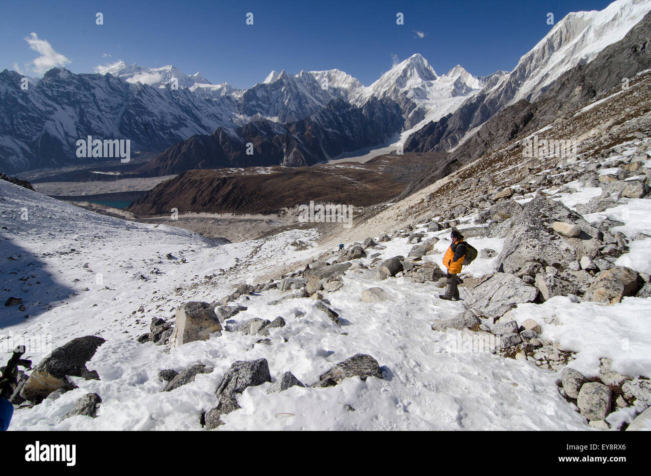 Trekkers on the Larke La Pass of the Manaslu Circuit trek looking west ...