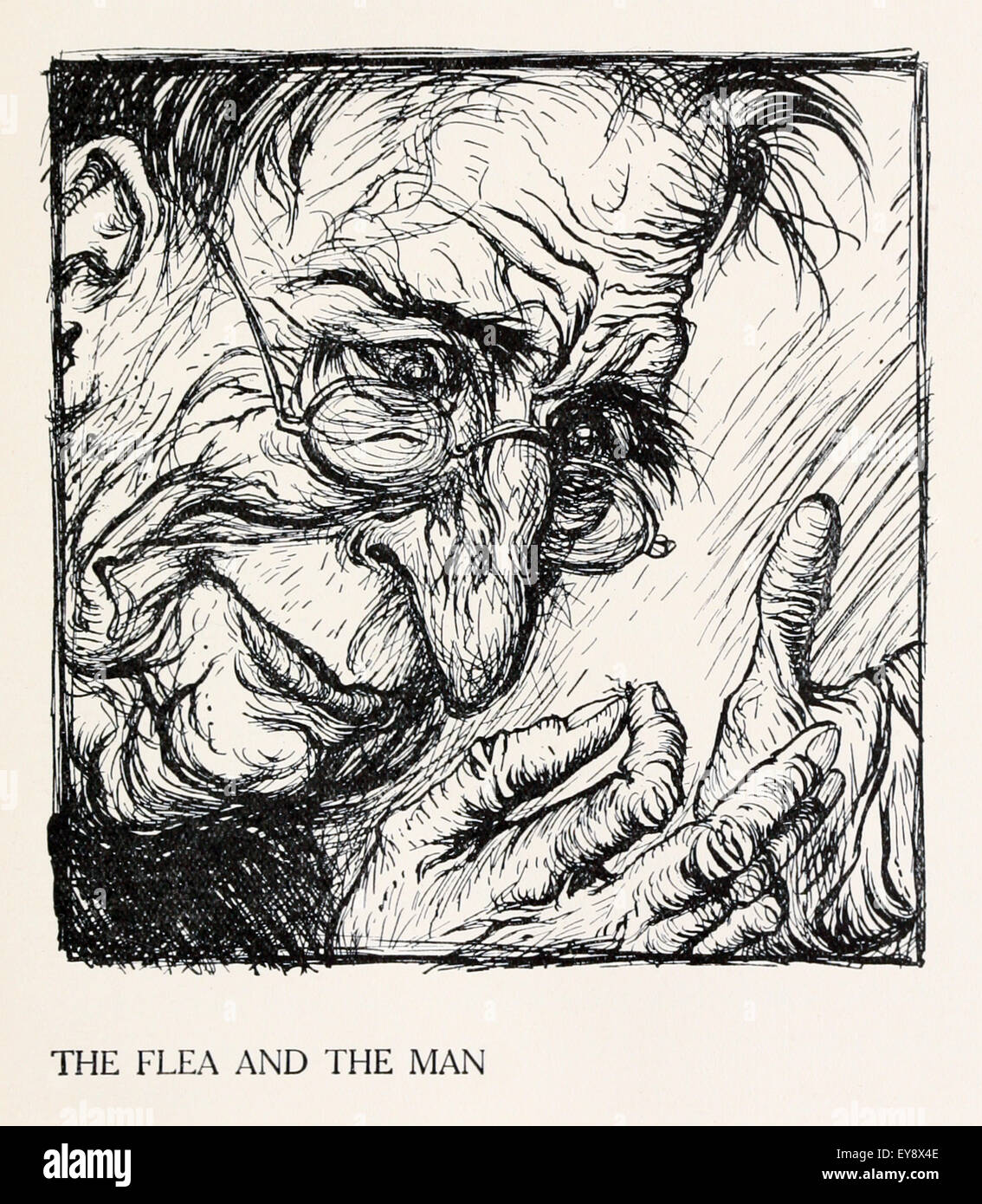 'The Flea and the Man' fable by Aesop (circa 600BC). A Flea begged for his life after biting a man. No argument the Flea used could be enough to sway the man from killing the evil Flea. Moral: Tolerate no evil. Illustration by Arthur Rackham (1867-1939). See description for more information. Stock Photo