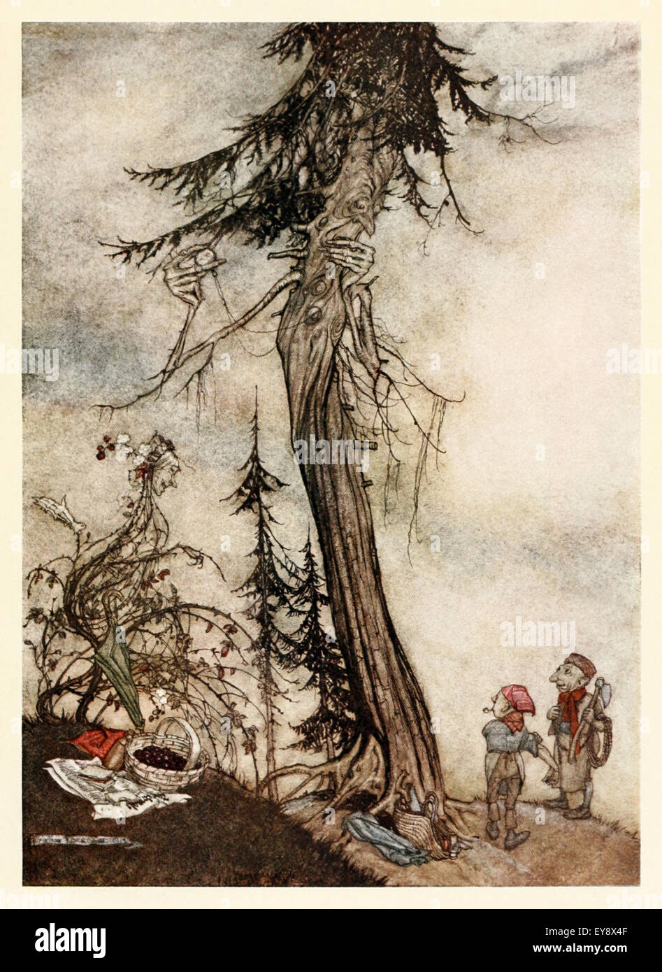 The fir tree and the bramble' fable by Aesop (circa 600BC). Fir tree boasts of his usefulness to the bramble, who replies you'll wish you were like me when they come for you with axes. Moral: Better poverty without a care than wealth with its many obligations. Illustration by Arthur Rackham (1867-1939). See description for more information. Stock Photo