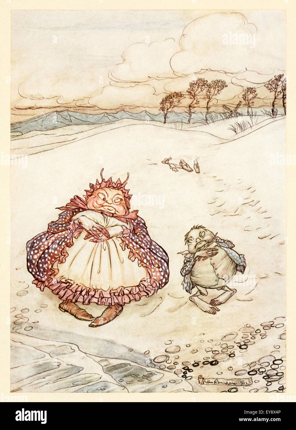 'The Crab and his Mother' fable by Aesop (circa 600BC). A child crab is berated by the parent crab for walking awkwardly. The child crab points out the parent should set the example. Example is the best precept. Illustration by Arthur Rackham (1867-1939). See description for more information. Stock Photo