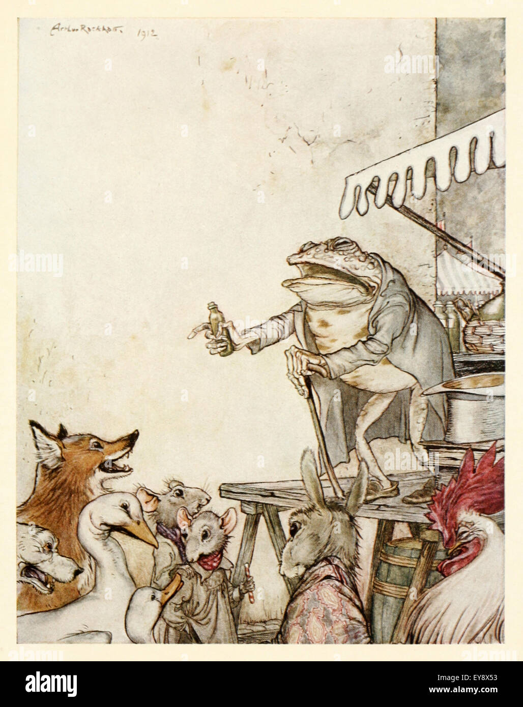 'The Quack Frog' fable by Aesop (circa 600BC). A Frog proclaimed himself a physician. A Fox asked the Frog how he can cure others when he can’t cure his own wrinkled appearance. Physician, heal thyself. Illustration by Arthur Rackham (1867-1939). See description for more information. Stock Photo