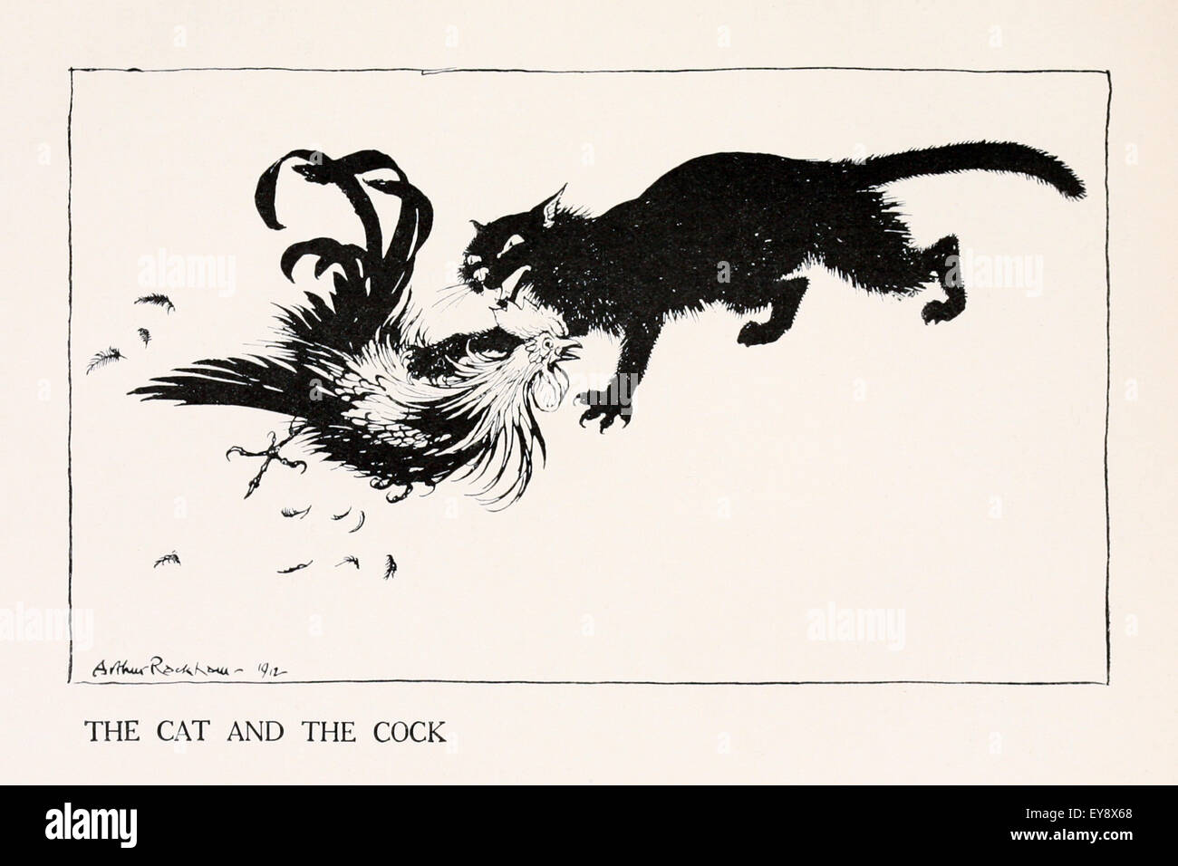'The Cat and the Cock' fable by Aesop (circa 600BC). A Cat caught a Cock for a meal but first asked for excuses as to why it crowed so early. The Cock answered it was to help man. The Cat killed him. Moral: Tyrants need no excuse. Illustration by Arthur Rackham (1867-1939). See description for more information. Stock Photo