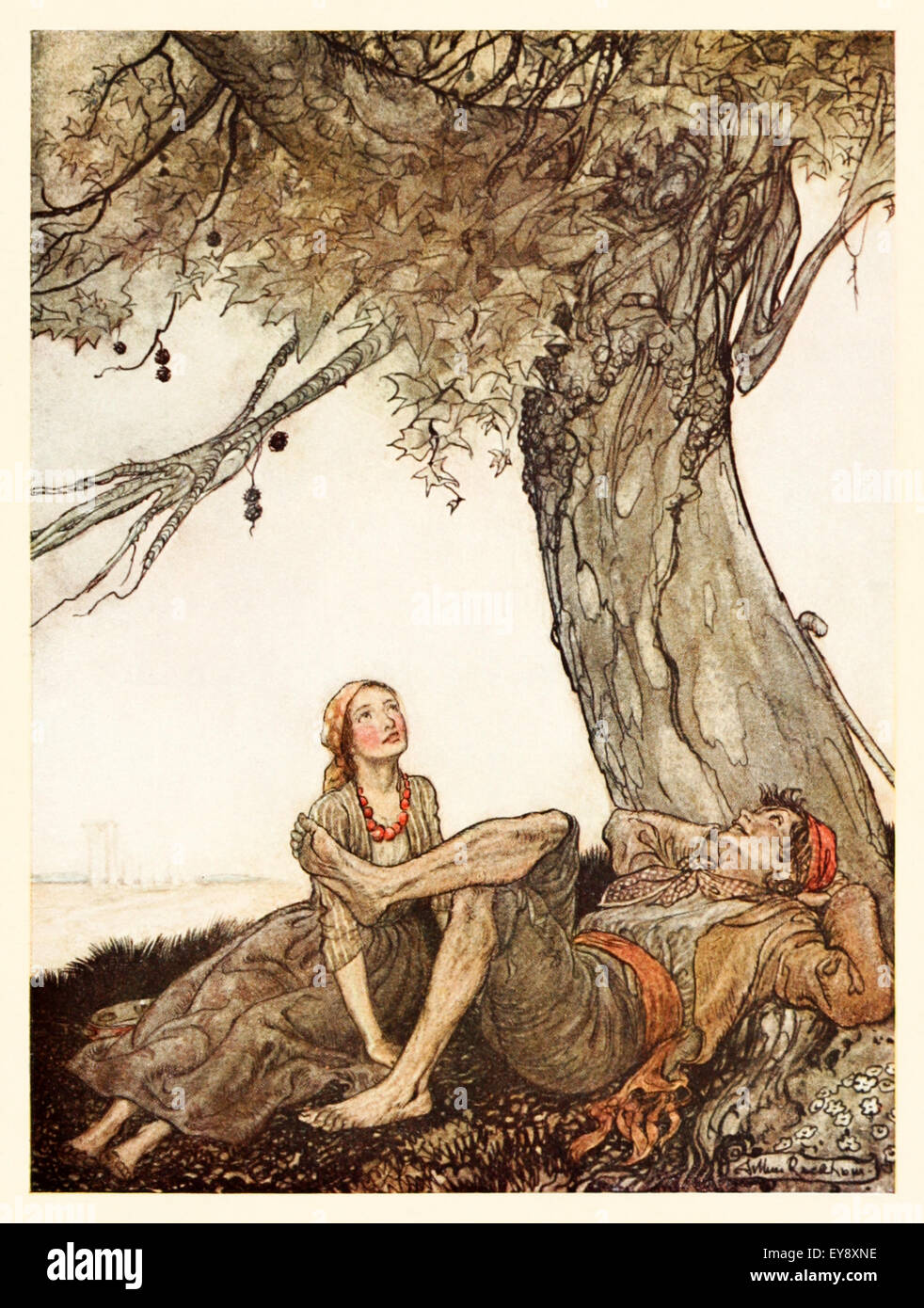 'The Travellers and the Plane Tree' fable by Aesop (circa 600BC). Two travellers rest in the shade of a Plane tree and remark on how useless it is as it has no fruit. Many a service is met with ingratitude. Illustration by Arthur Rackham (1867-1939). See description for more information. Stock Photo