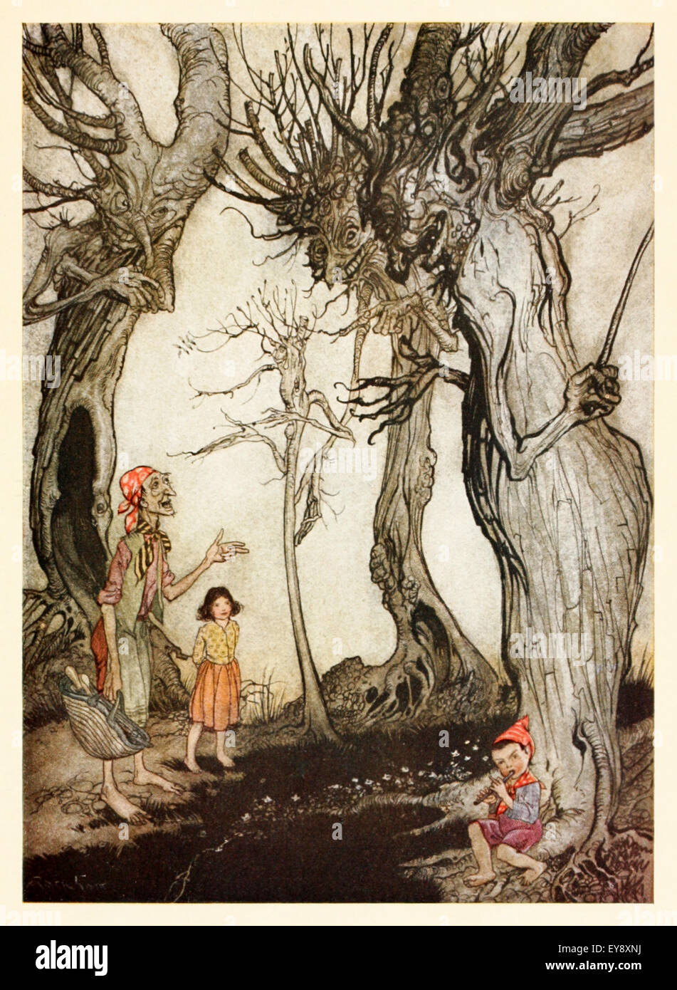 'The Trees and the Axe' fable by Aesop (circa 600BC). The trees willingly give a woodsman a sapling to fashion a handle for his axe. Nothing bothers a man more than to see he has aided his own undoing. Illustration by Arthur Rackham (1867-1939). See description for more information. Stock Photo