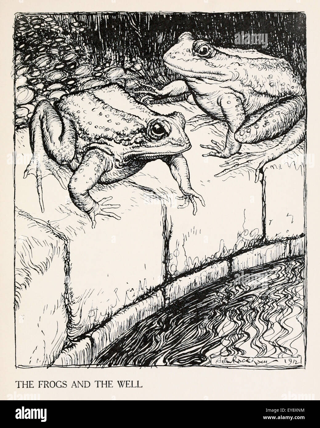 'The Frogs and the Well' fable by Aesop (circa 600BC). Two Frogs had to leave their dry pond and encountered a well. One said they should live there; the other cautioned about getting out if they needed to. Moral: Look before you leap. Illustration by Arthur Rackham (1867-1939). See description for more information. Stock Photo