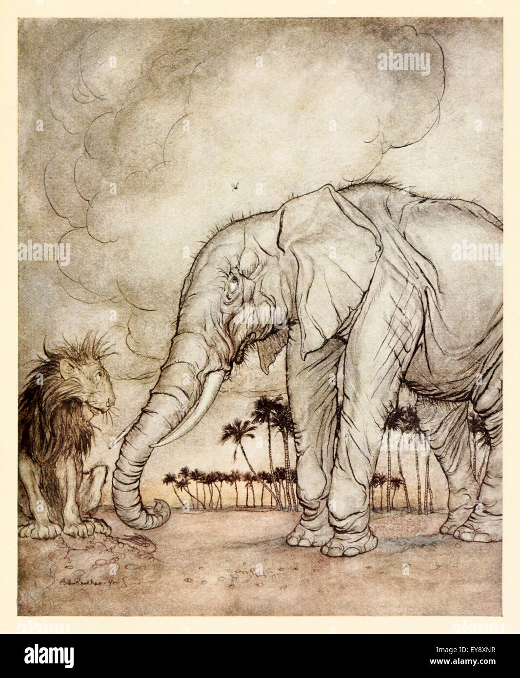 'The Lion, Jupiter and the Lion' fable by Aesop (circa 600BC). A Lion bemoaned his state to Jupiter who refused to help. The Lion then saw an Elephant who was bothered by a Gnat. The Lion thought better of his state. Moral: There is always someone else worse off than you. Illustration by Arthur Rackham (1867-1939). See description for more information. Stock Photo