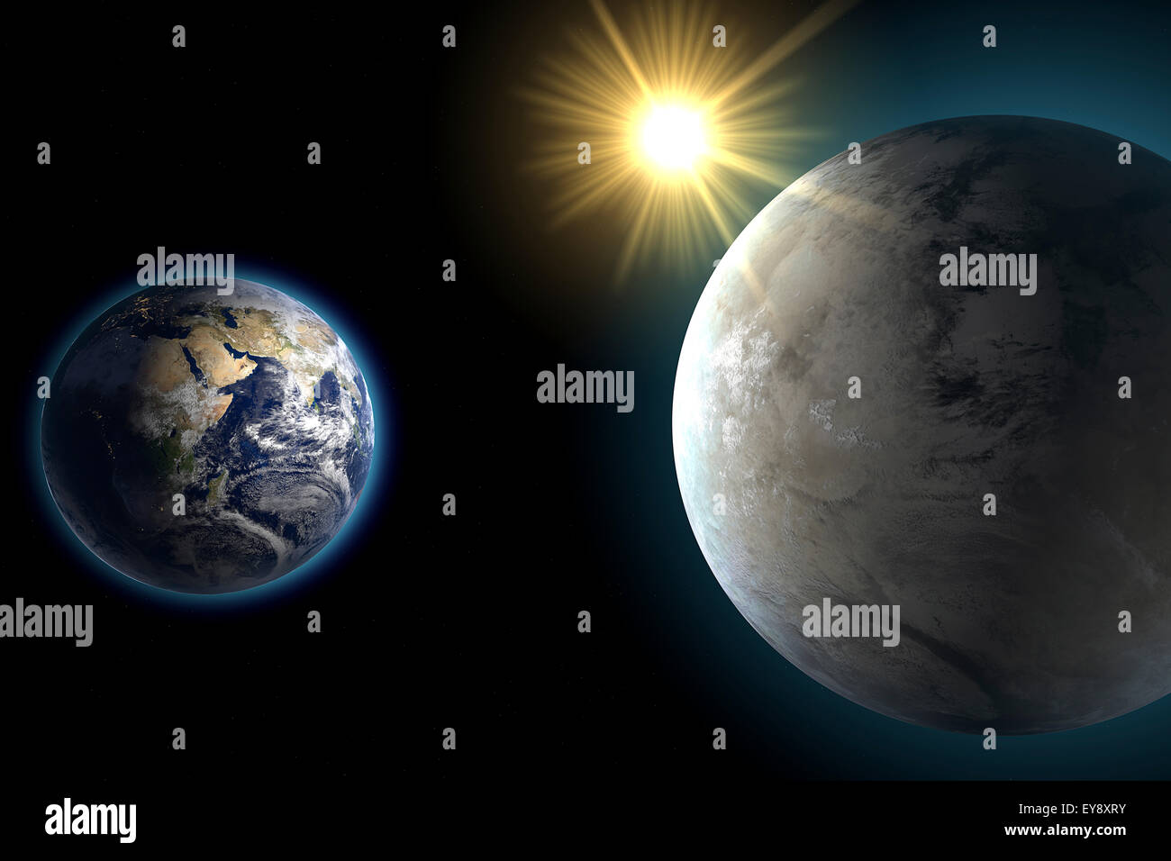 Earth and Kepler 452-b, sister planet, comparison. Element of this image are furnished by NASA Stock Photo