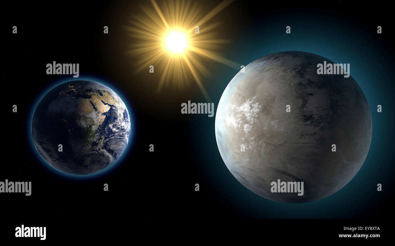 Earth and Kepler 452-b, sister planet, comparison. Element of this image are furnished by NASA Stock Photo