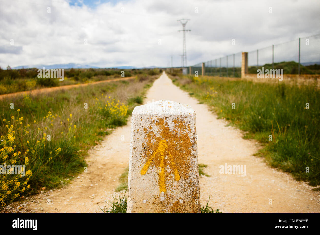 A way marker on the Camino De Santiago. Stock Photo