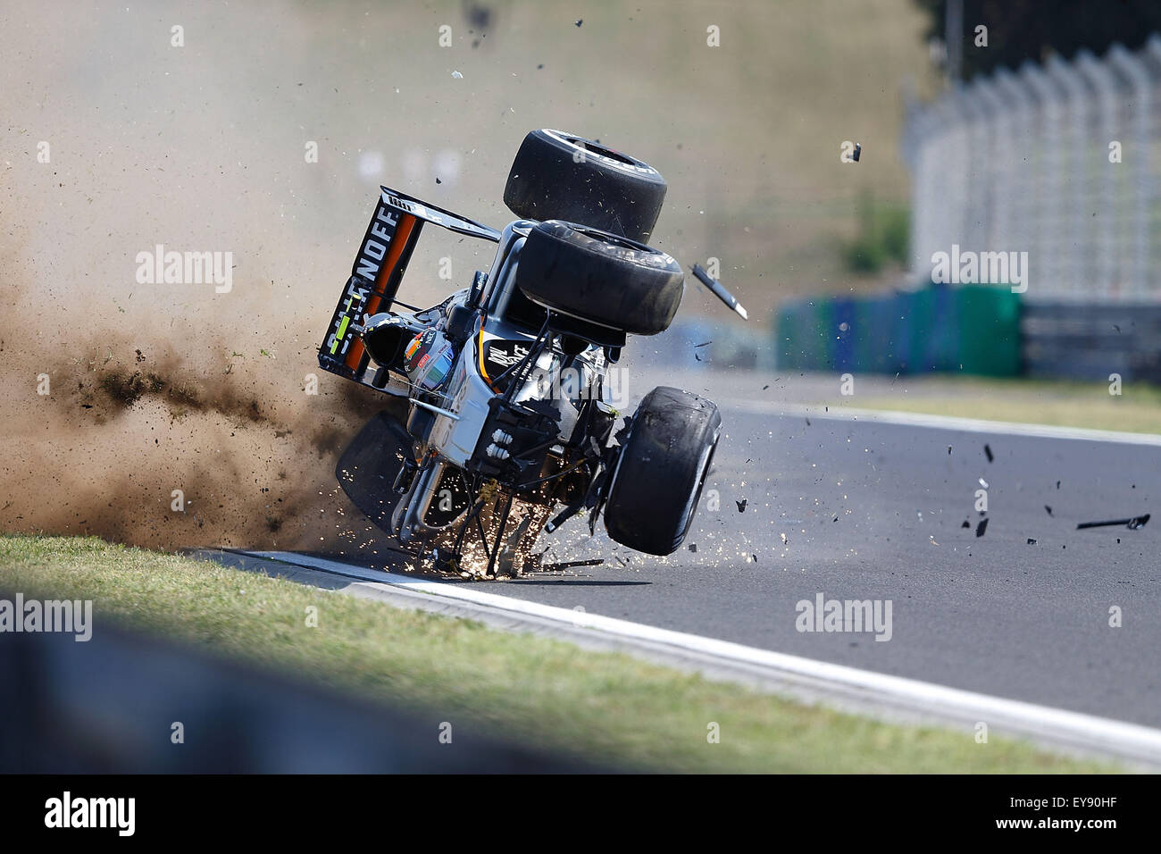 Budapest, Hungary. 24th July, 2015. SERGIO PEREZ of Mexico and Sahara Force India F1 Team has a crash during the first free practice session of the 2015 Formula 1 Hungarian Grand Prix at the Hungaroring in Budapest, Hungary. (Credit Image: © James Gasperotti via ZUMA Wire) Credit:  ZUMA Press, Inc./Alamy Live News Stock Photo