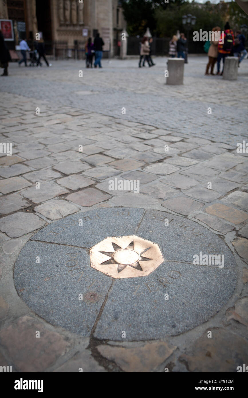 Starting point of the Camino Frances outside Notre Dame Cathedral in Paris, France. Stock Photo