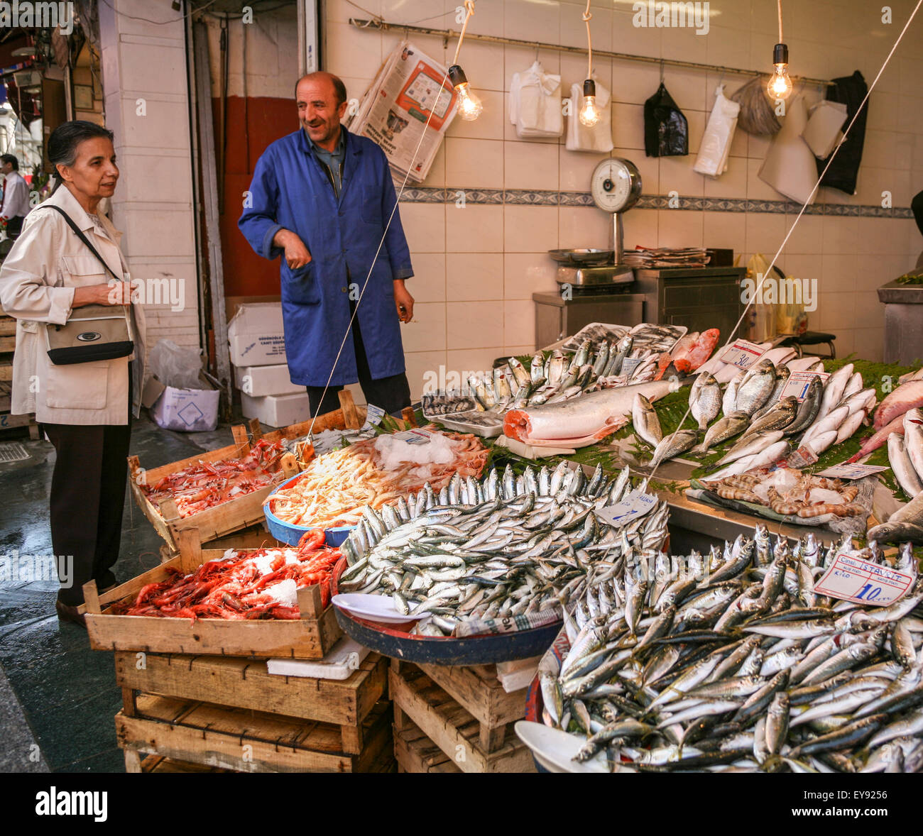 Fishmonger, Galatasaray market, Istanbul, Turkey Stock Photo