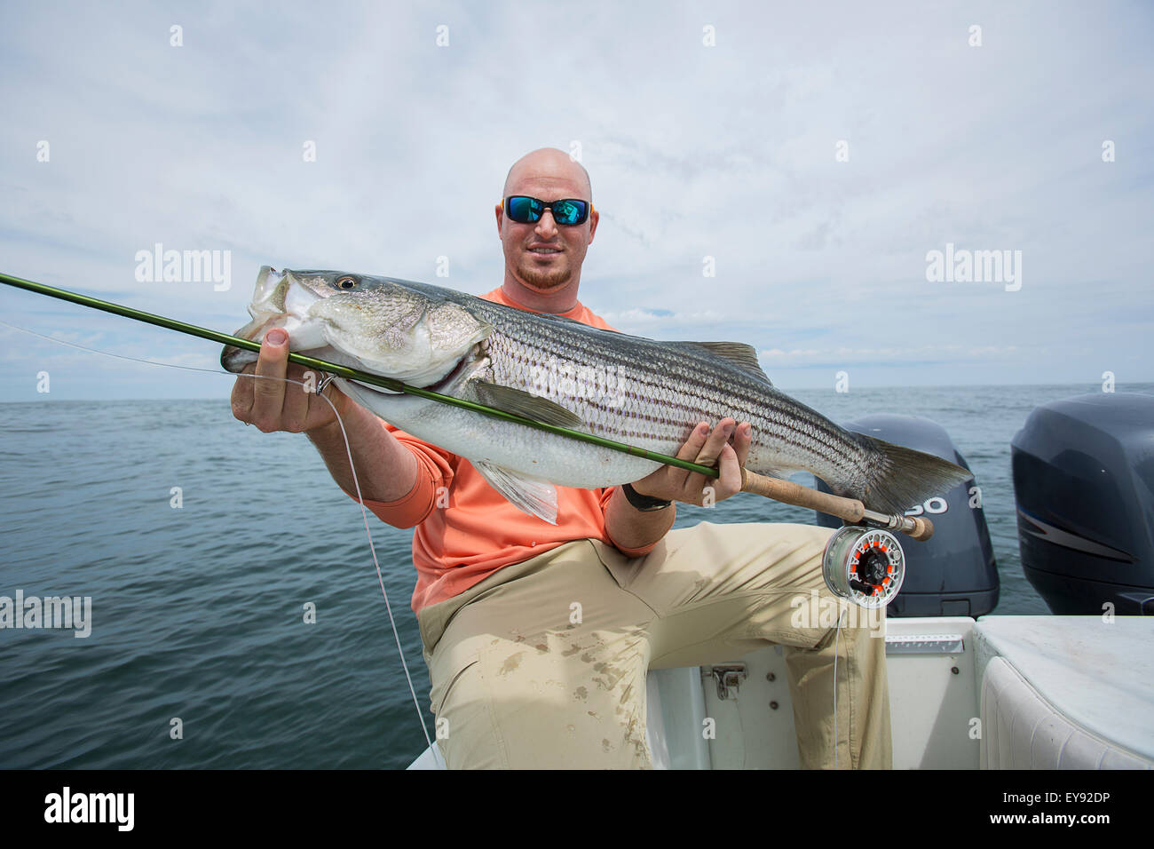 Fisherman holding striper fish in the Boston harbour; Boston
