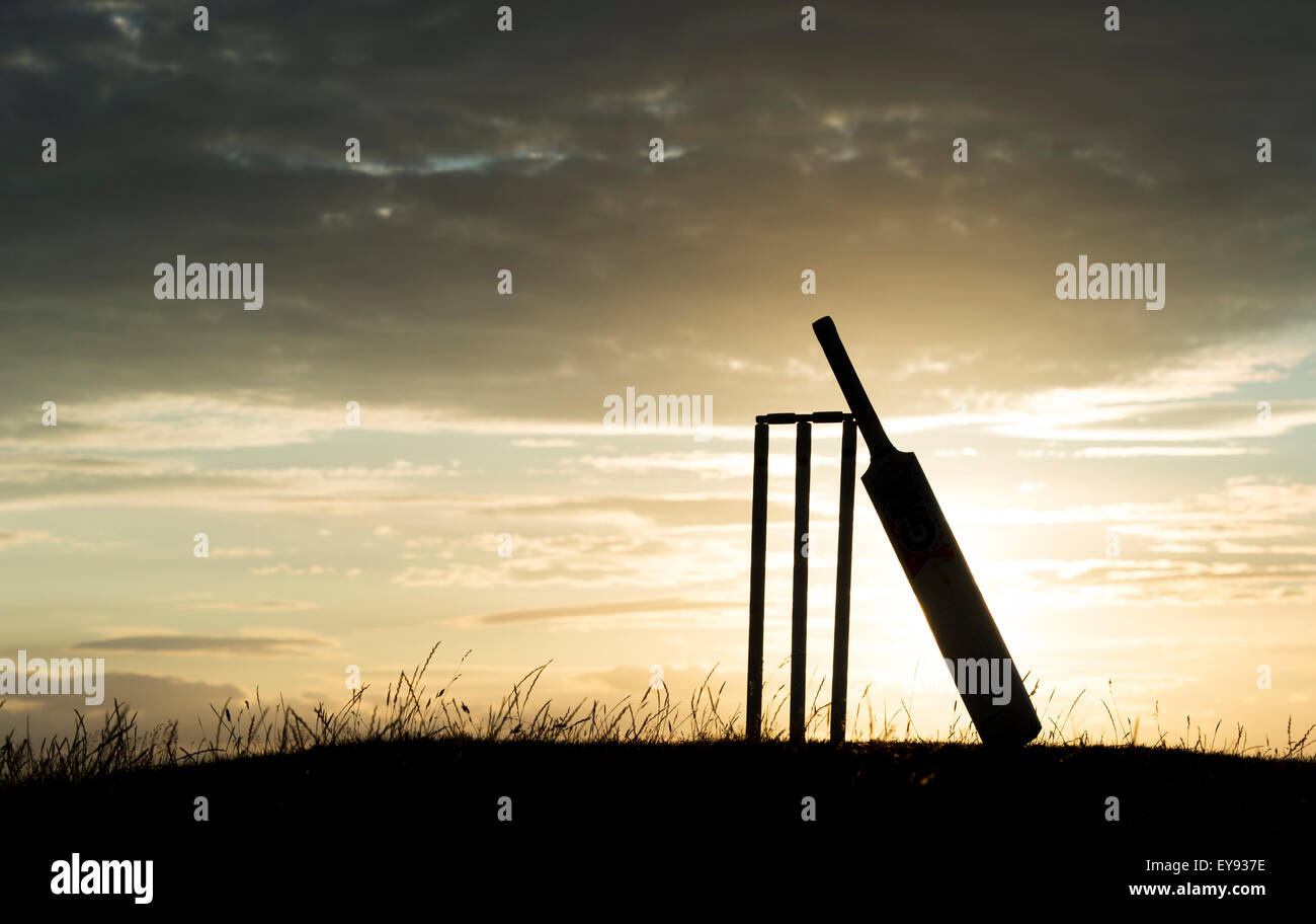 Cricket bat and stumps at sunset. Silhouette Stock Photo