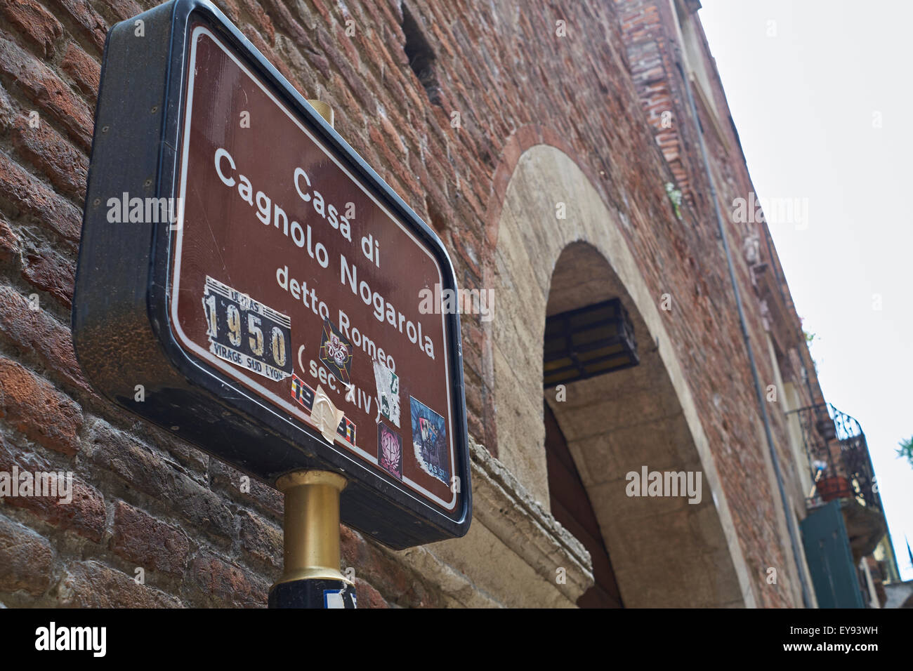 VERONA, ITALY - JULY 13: Detail of sign in front of the address where the fictional house of Romeu would be, in Romeu and Juliet Stock Photo