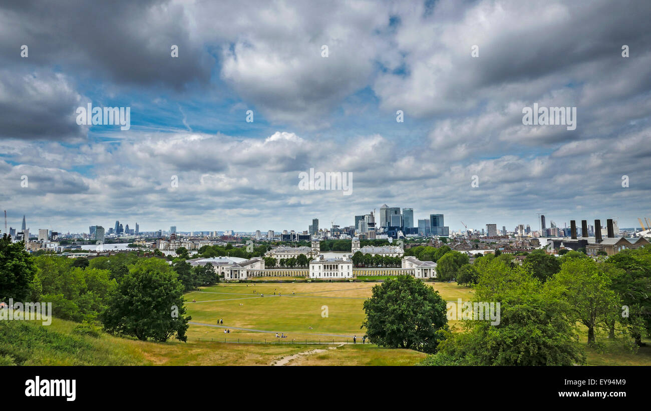 London skyline from Greenwich park, the famous financial district Canary Wharf on background Stock Photo