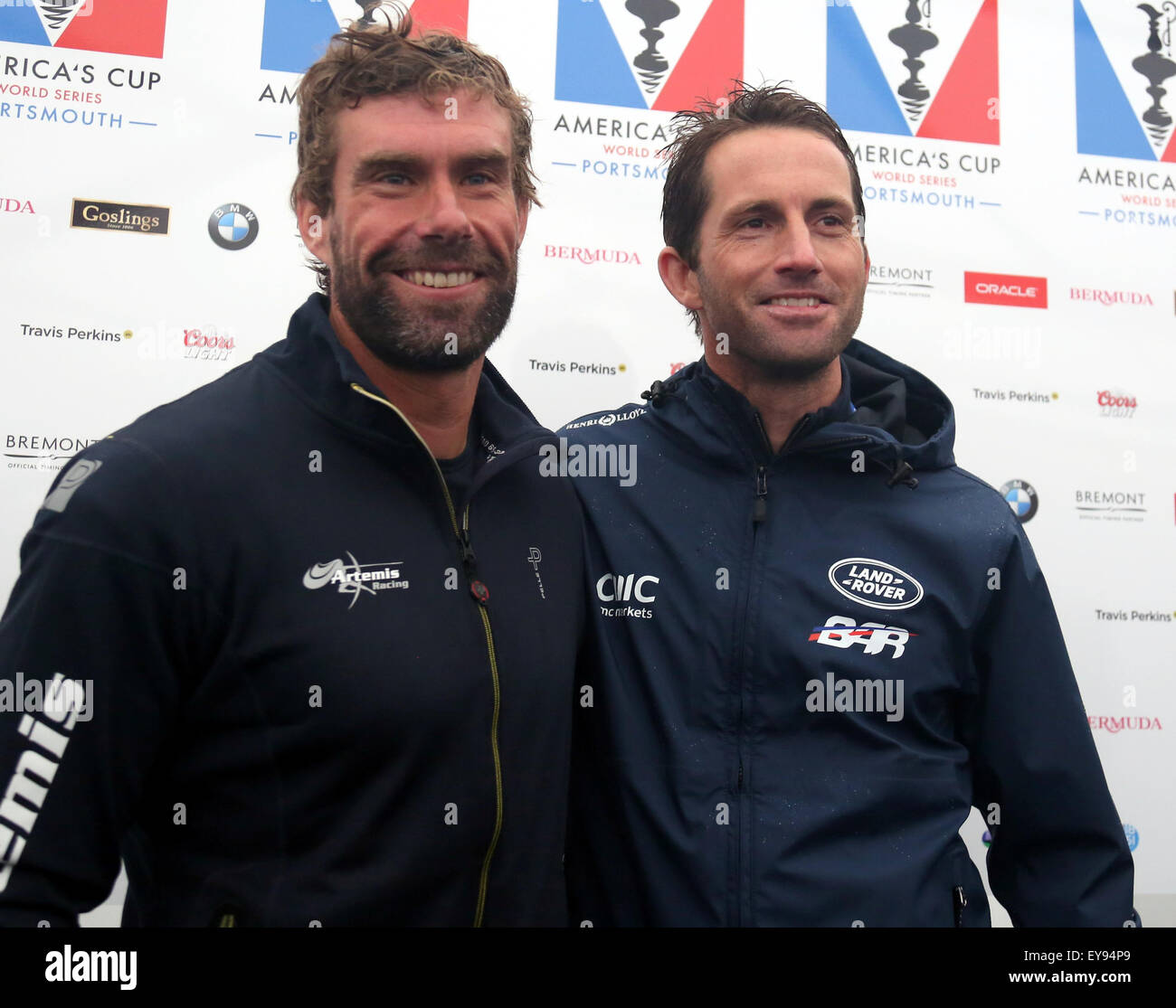 Southsea,Hampshire Friday 24  July 2015.   America Cup on Southsea Common Artemis Racing Skipper: Nathan Outteridge ,BAR – Ben Ainslie Racing   Ben Puts a BAR Landrover hat on Nathan  Daily Press conference   © uknip/ Alamy Live News Credit:  uknip/ Alamy Live News Stock Photo
