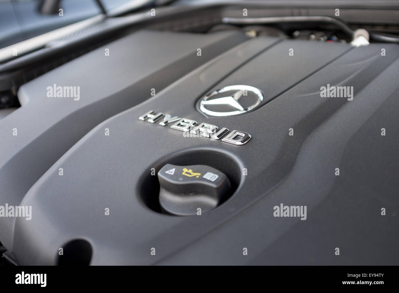 Engine in a Mercedes Bluetec Hybrid C300 car Stock Photo