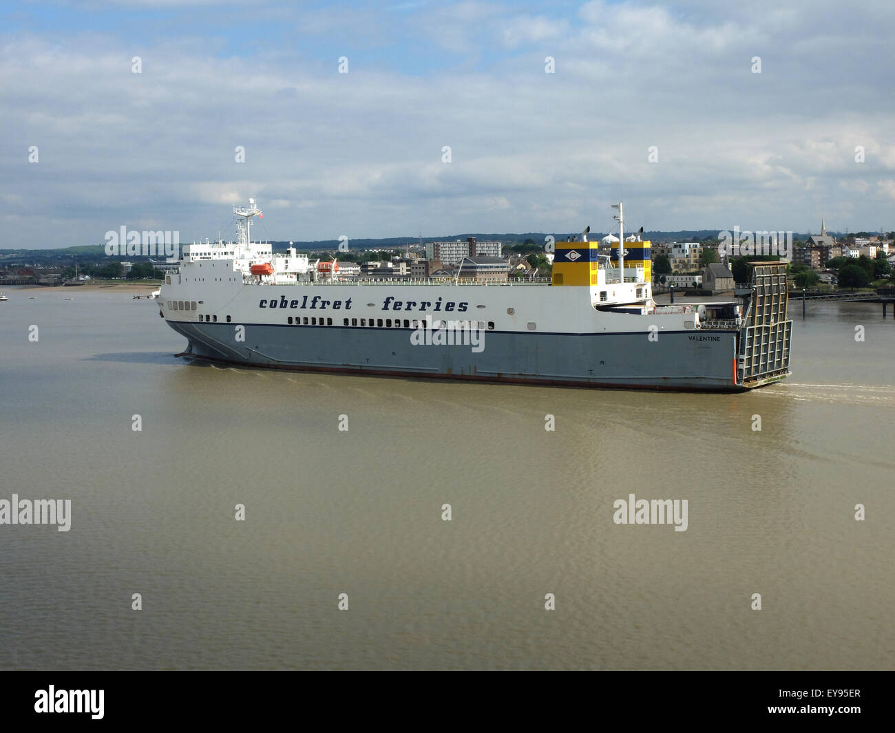 A Cobelfret ferry on the River Thames at Tilbury on route from Purfleet in Essex to Zeebrugge in Holand Stock Photo