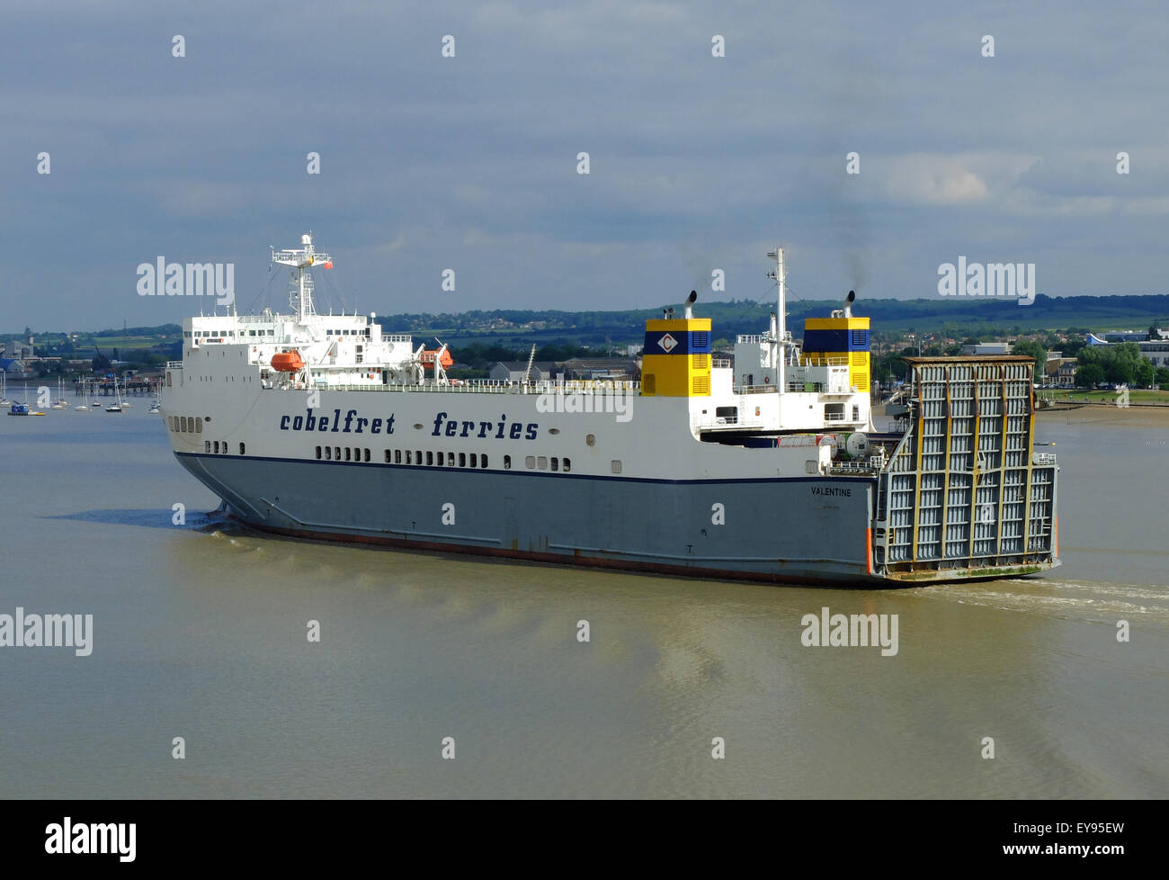 A Cobelfret ferry on the River Thames at Tilbury on route from Purfleet in Essex to Zeebrugge in Holand Stock Photo