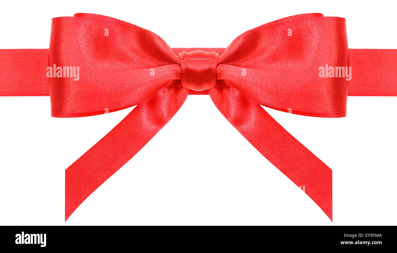 symmetric red satin bow with vertically cut ends on ribbon close up ...