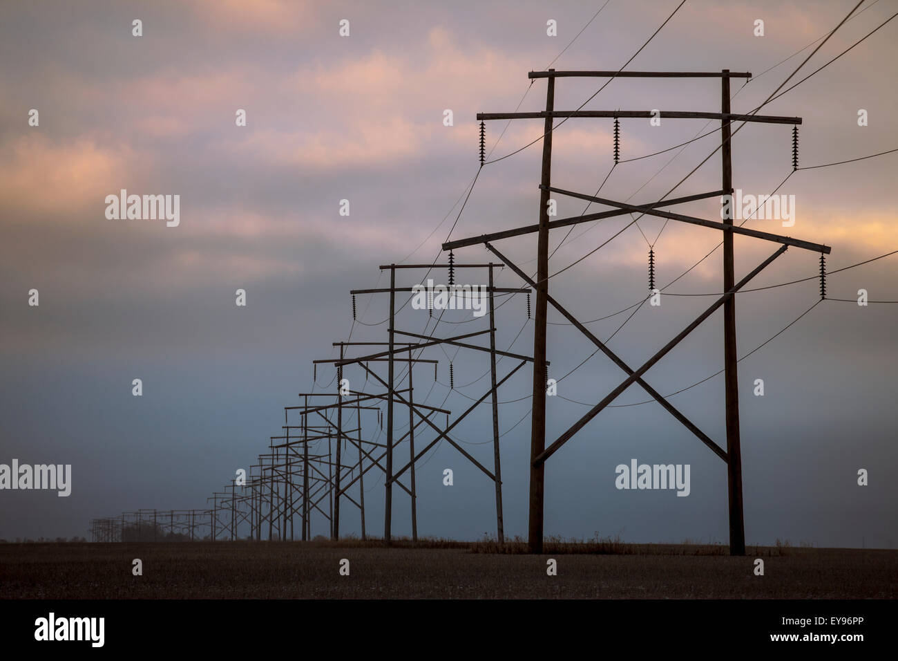 Power lines with a cloudy sky at sunset; Saskatchewan, Canada Stock ...