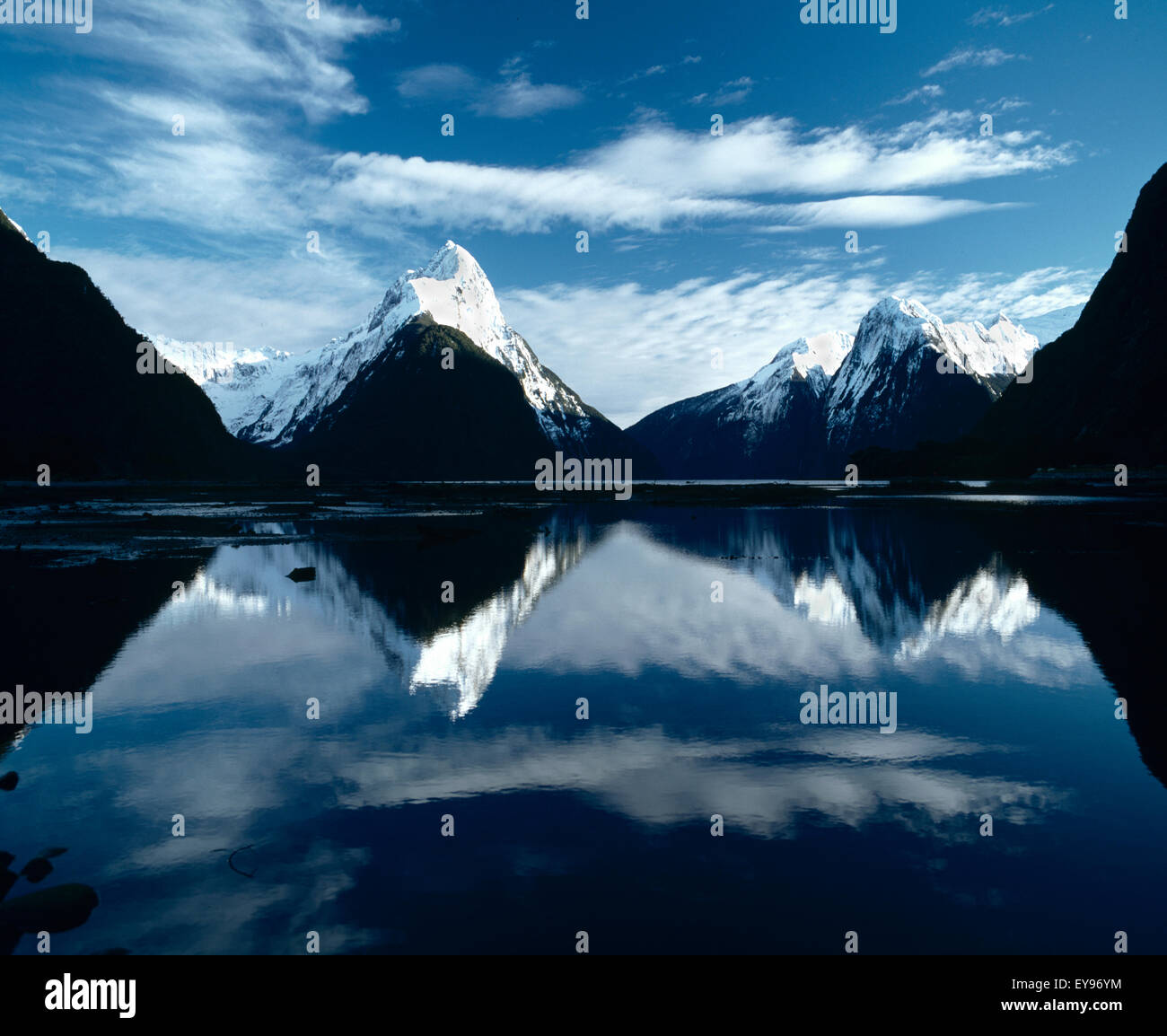 South Island New Zealand Milford Sound Winter Reflection Stock Photo