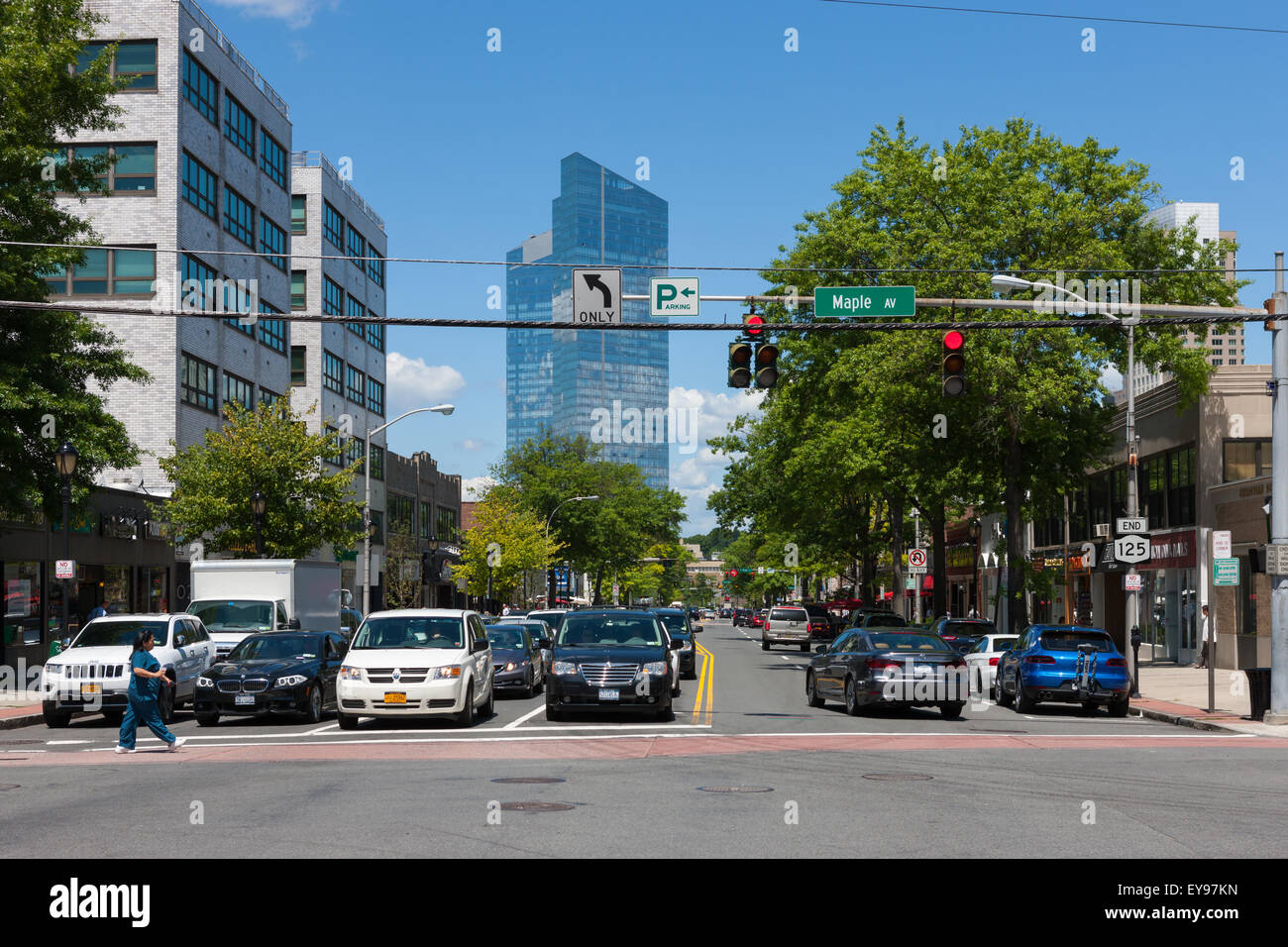 A view down Mamaroneck Avenue toward the Residences at the Ritz-Carlton, Westchester, in White Plains, New York. Stock Photo