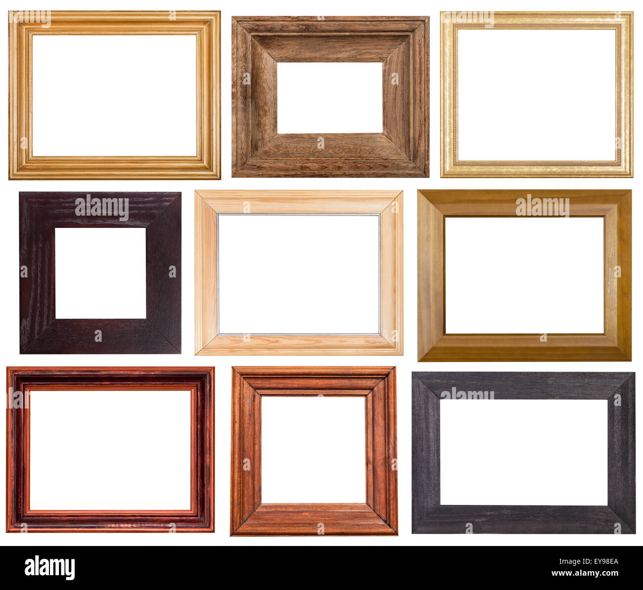 set of 9 pcs wide wooden picture frames with cut out blank space isolated on white background Stock Photo