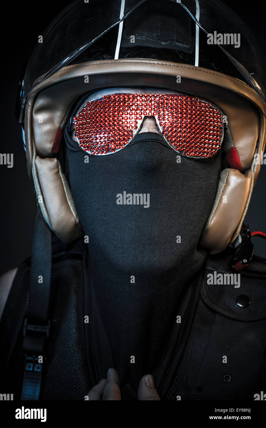 biker with sunglasses red crystals and balaclava Stock Photo Alamy
