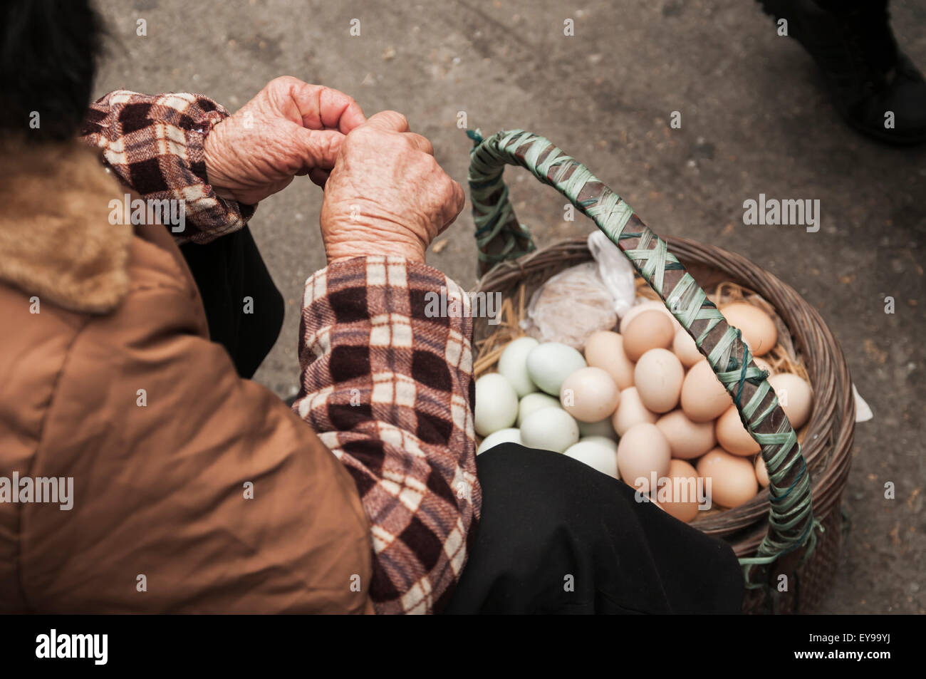 Market,Tradition,China,Basket,Eggs,Woman Stock Photo