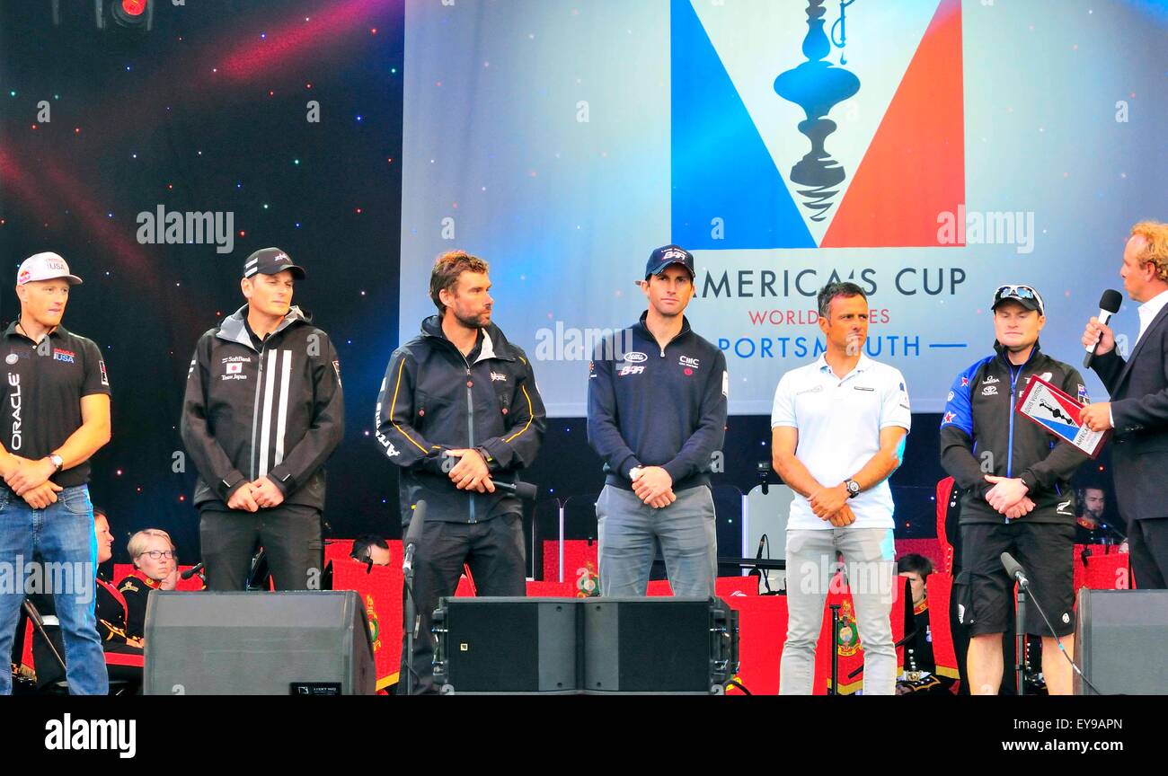 Portsmouth, Hampshire, UK - 23 July 2015  The Offical Opening Ceremony of the Louis Vuitton America's Cup World Series Portsmouth on Southsea Common today.    From left to right Jimmy Spithill (USA) Dean Barker (Japan), ) Iain Percy Team manager (Sweden )  Sir Ben Ainslie  (GB) Franck Cammas(France),Glenn Ashby (NZ),  ) with  Andy Green; Credit:  Gary Blake /Alamy Live News Stock Photo