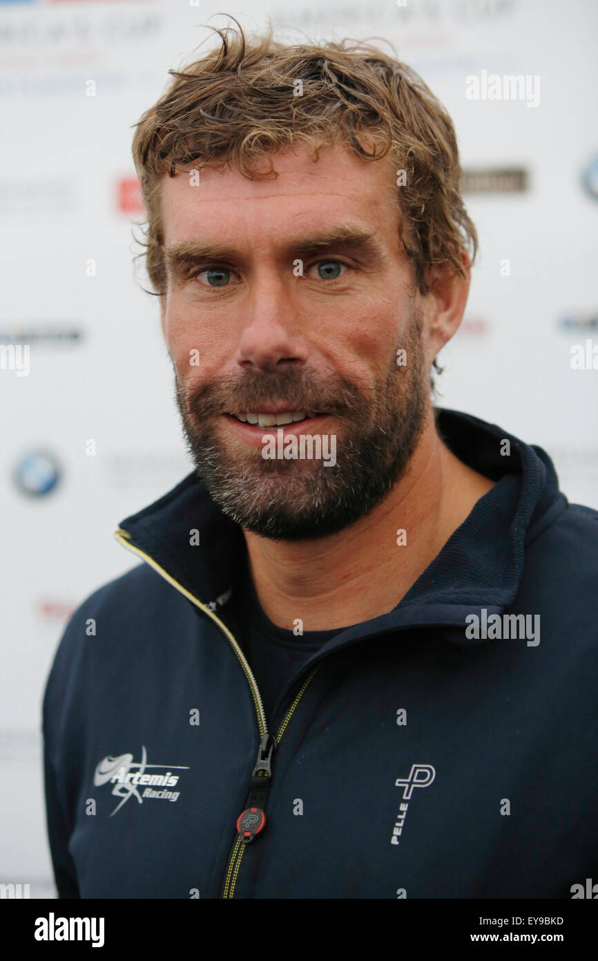 Portsmouth, UK. 24th July, 2015. Tactician Iain Percy of Sweden's Artemis Racing speaks to media after the practice racing ahead of the 35th America's Cup World Series Races at Portsmouth in Hampshire, UK Friday July 24, 2015. The 2015 Portsmouth racing of the Louis Vuitton America's Cup World Series counts towards the qualifiers and playoffs which determine the challenger to compete against the title holders Oracle Team USA in 2017. Credit:  Luke MacGregor/Alamy Live News Stock Photo