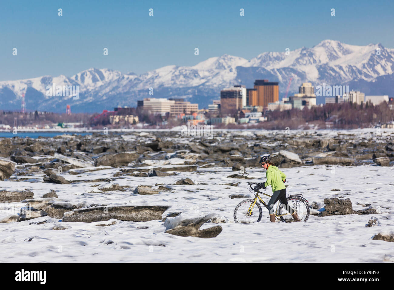 Bicycle,Snow,Woman,Chugach Mountains Stock Photo