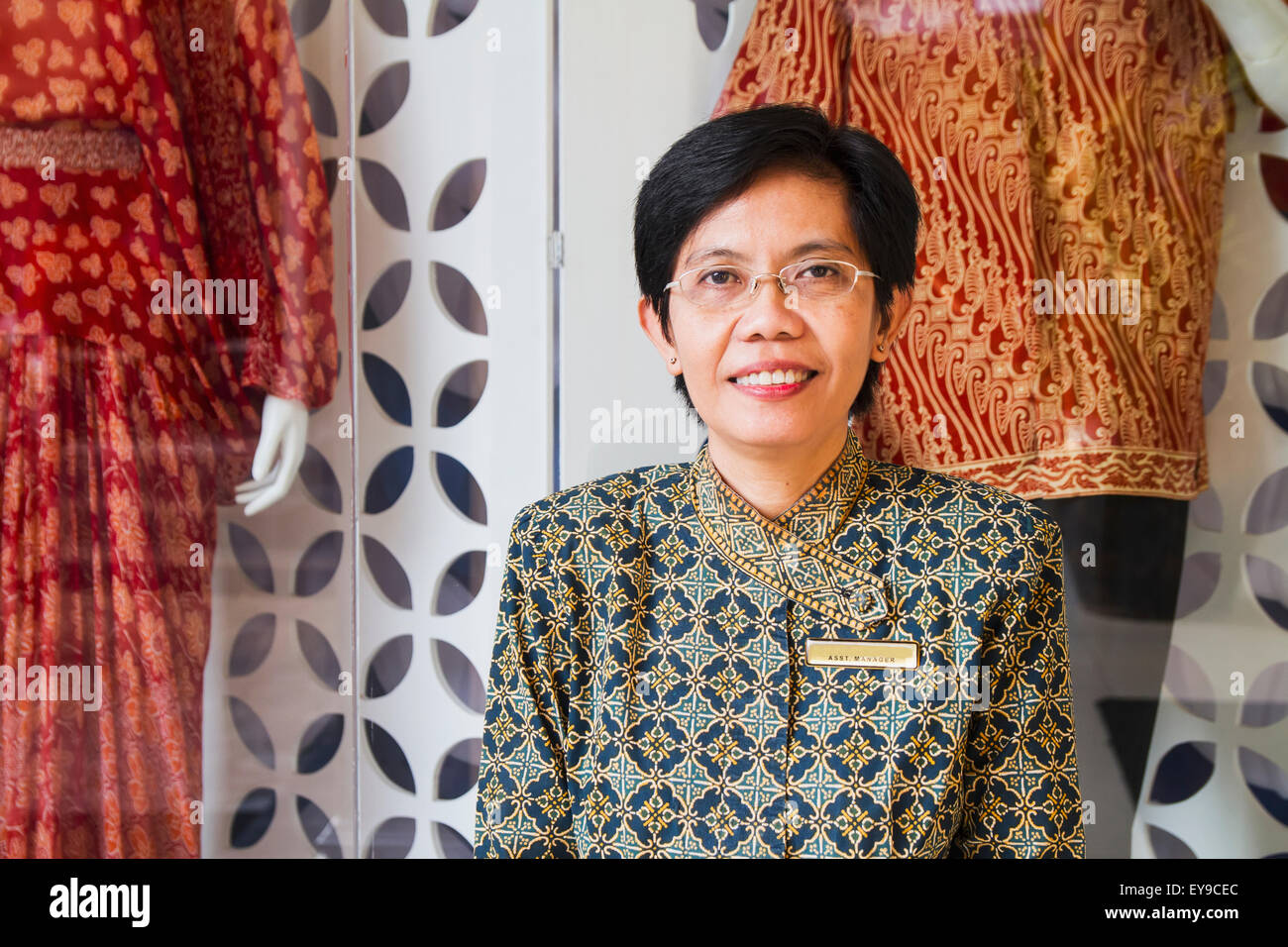 Asti Suryo, Assistant Manager of the  Danar Hadi Batik Museum, Surakarta (Solo), Central Java, Indonesia Stock Photo