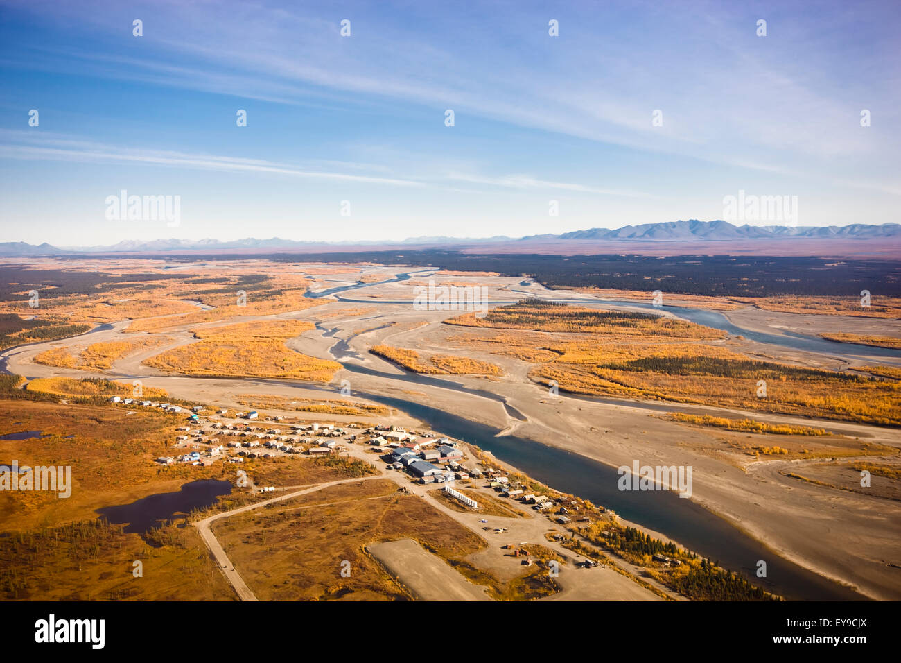 Aerial View of the village of Noatak on the Noatak River with the Baird