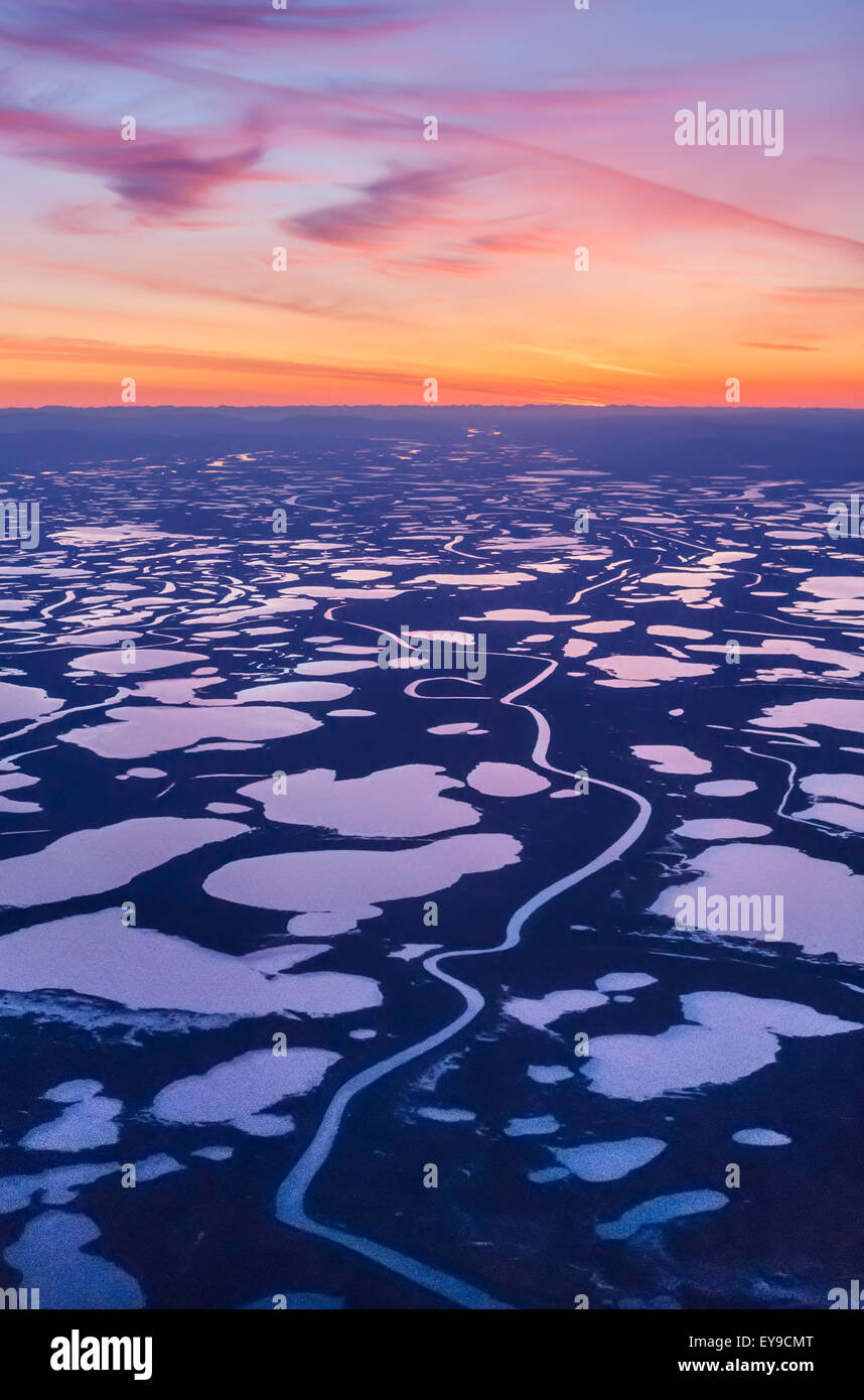 Aerial view of sunset over the wetlands of the Selawik National